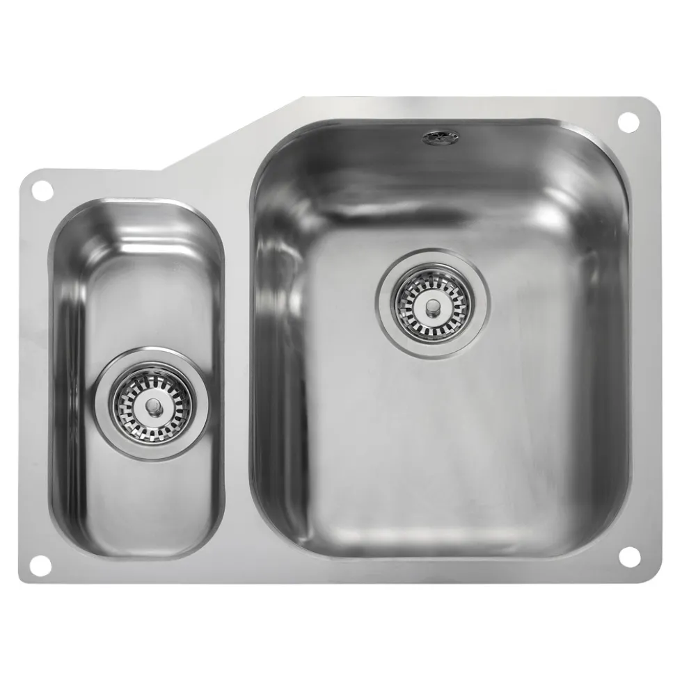 Rangemaster Atlantic Classic 1.5 Bowl Stainless Steel Undermount Sink & Waste Kit with Left Hand Small Bowl - 597 x 472mm