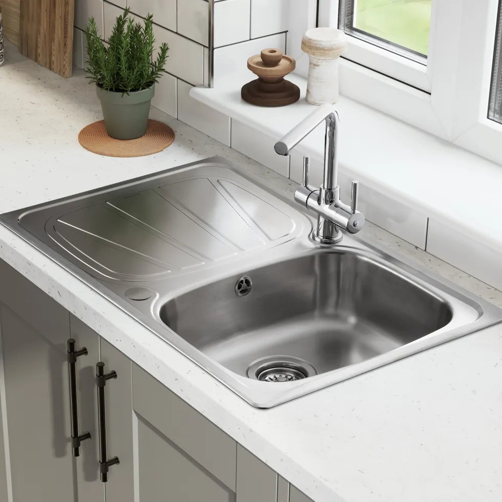 Rangemaster Baltimore Compact 1 Bowl Brushed Stainless Steel sink & Waste Kit with Reversible Drainer - 800 x 508mm