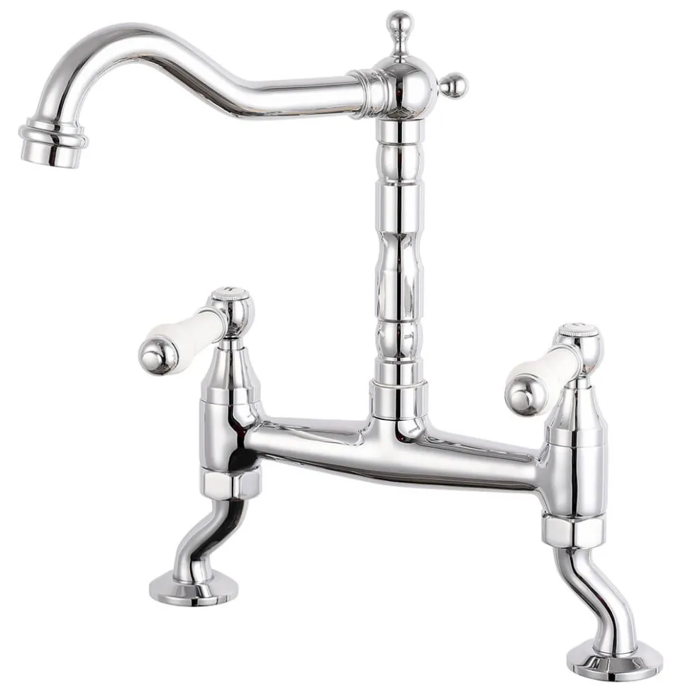 Rangemaster Classic Belfast 1 Bowl White Fireclay Ceramic Sink & Waste and Butler & Rose Carlton Traditional Kitchen Bridge Mixer - Lever Handles