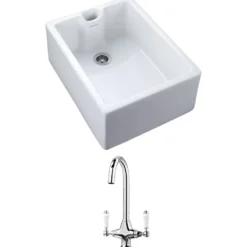 Rangemaster Classic Belfast 1 Bowl White Fireclay Ceramic Sink & Waste and Butler & Rose Victoria Traditional Mono Kitchen Mixer Tap