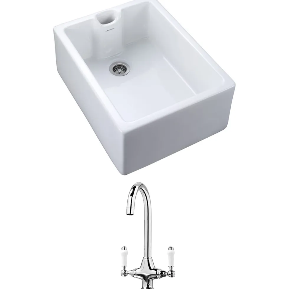 Rangemaster Classic Belfast 1 Bowl White Fireclay Ceramic Sink & Waste and Butler & Rose Victoria Traditional Mono Kitchen Mixer Tap