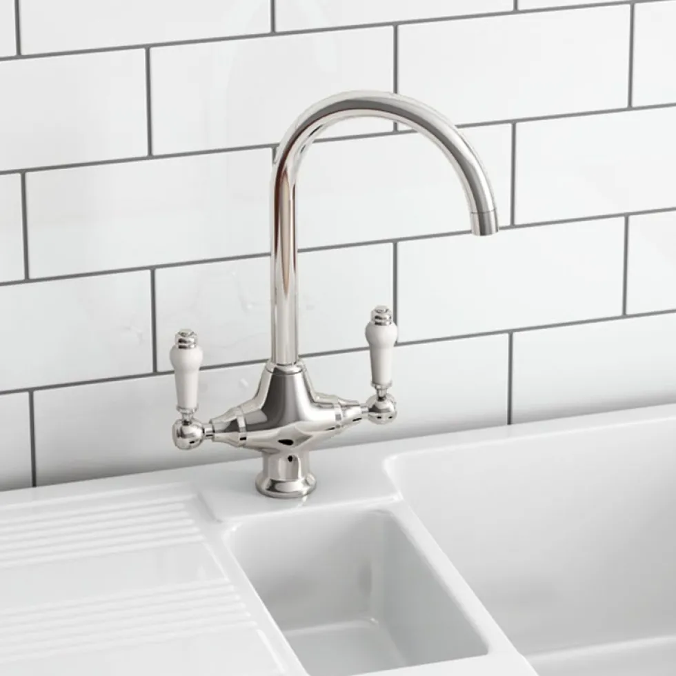 Rangemaster Classic Belfast 1 Bowl White Fireclay Ceramic Sink & Waste and Butler & Rose Victoria Traditional Mono Kitchen Mixer Tap