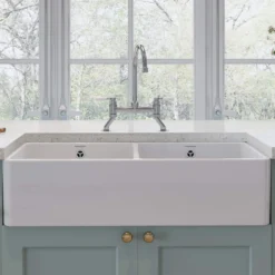 Rangemaster Double Belfast Large 2 Bowl White Ceramic Kitchen Sink & Waste Kit - 895 x 460mm