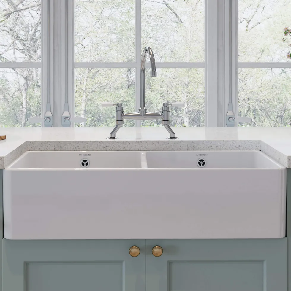 Rangemaster Double Belfast Large 2 Bowl White Ceramic Kitchen Sink & Waste Kit - 895 x 460mm