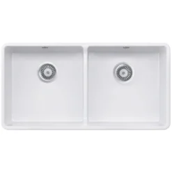 Rangemaster Double Belfast Large 2 Bowl White Ceramic Kitchen Sink & Waste Kit - 895 x 460mm