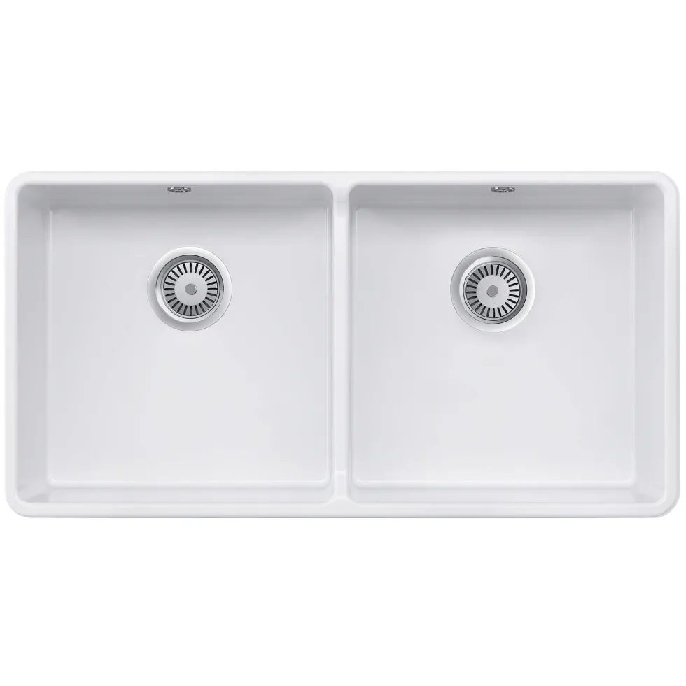 Rangemaster Double Belfast Large 2 Bowl White Ceramic Kitchen Sink & Waste Kit - 895 x 460mm