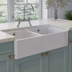 Rangemaster Double Belfast Large 2 Bowl White Ceramic Kitchen Sink & Waste Kit - 895 x 460mm