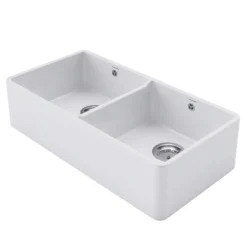 Rangemaster Double Belfast Large 2 Bowl White Ceramic Kitchen Sink & Waste Kit - 895 x 460mm
