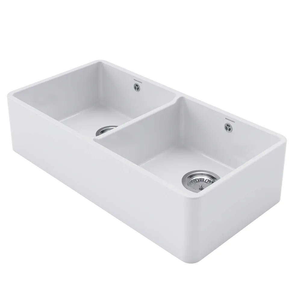 Rangemaster Double Belfast Large 2 Bowl White Ceramic Kitchen Sink & Waste Kit - 895 x 460mm