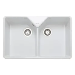 Rangemaster Double Bowl Belfast White Fireclay Ceramic Kitchen Sink & Waste Kit with Overflow - 795 x 491mm