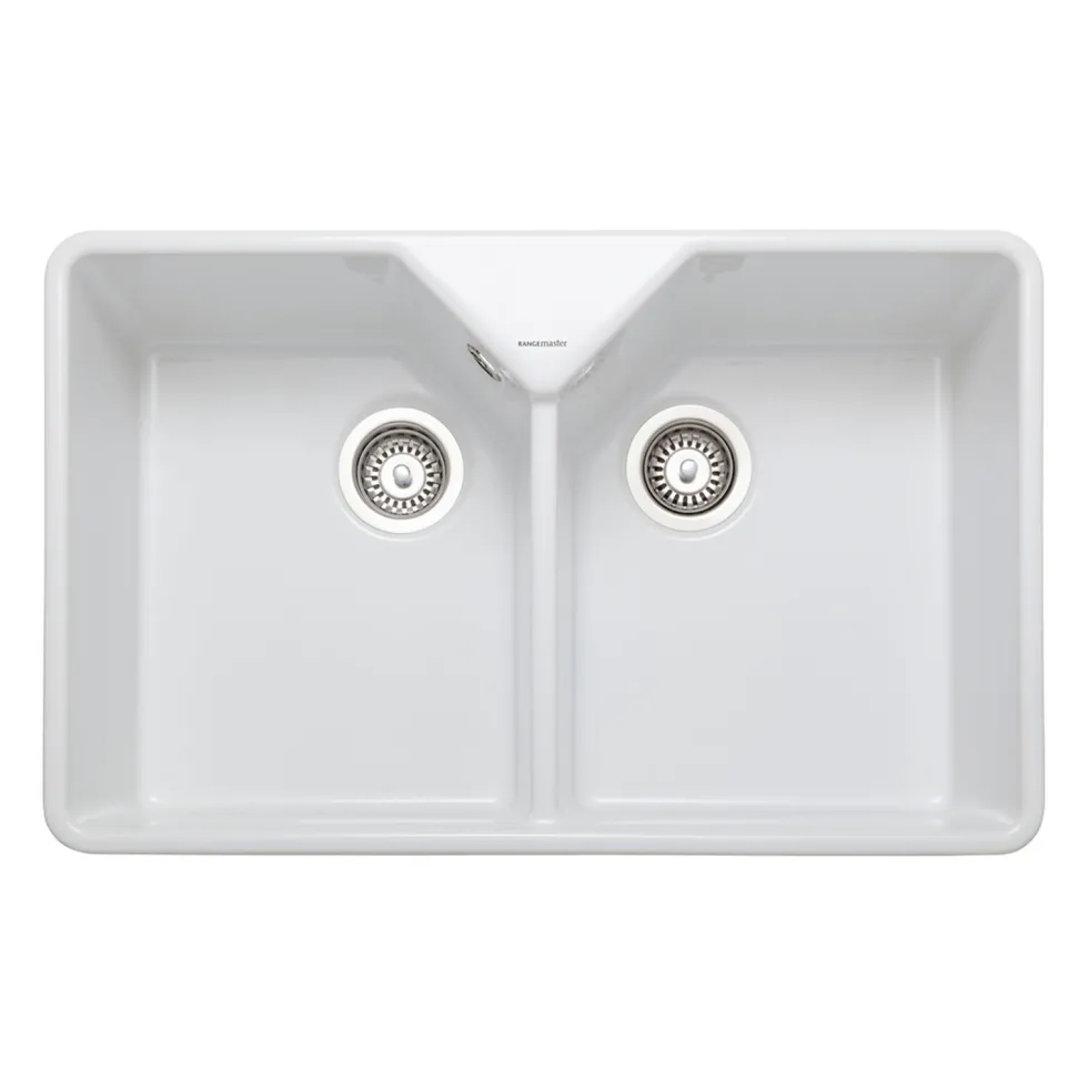 Rangemaster Double Bowl Belfast White Fireclay Ceramic Kitchen Sink & Waste Kit with Overflow - 795 x 491mm