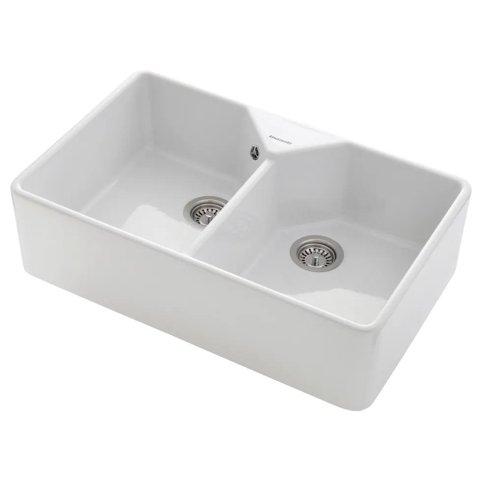 Rangemaster Double Bowl Belfast White Fireclay Ceramic Kitchen Sink & Waste Kit with Overflow - 795 x 491mm