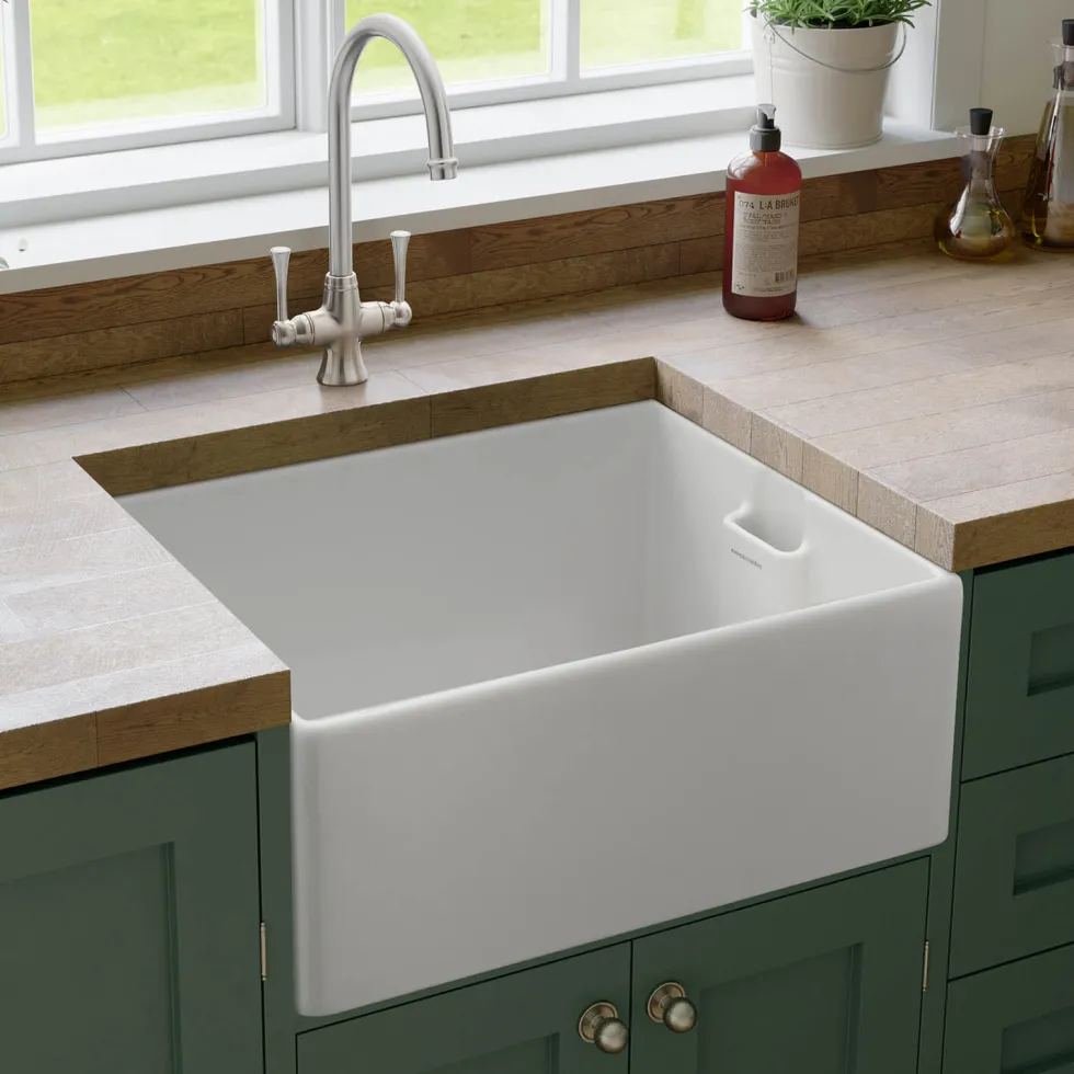 Rangemaster Grange Belfast 1 Bowl Gloss White Fireclay Ceramic Kitchen Sink & Waste - 595 x 455mm