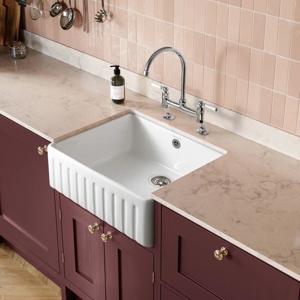 Rangemaster Harmony Fluted 1 Bowl White Fireclay Ceramic Sit On Belfast Sink & Waste Kit - 595 x 450mm