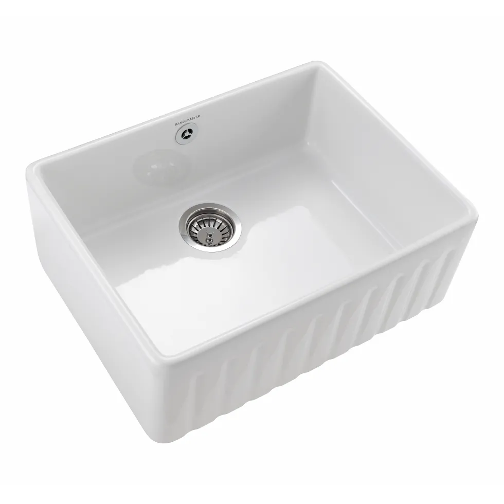 Rangemaster Harmony Fluted 1 Bowl White Fireclay Ceramic Sit On Belfast Sink & Waste Kit - 595 x 450mm