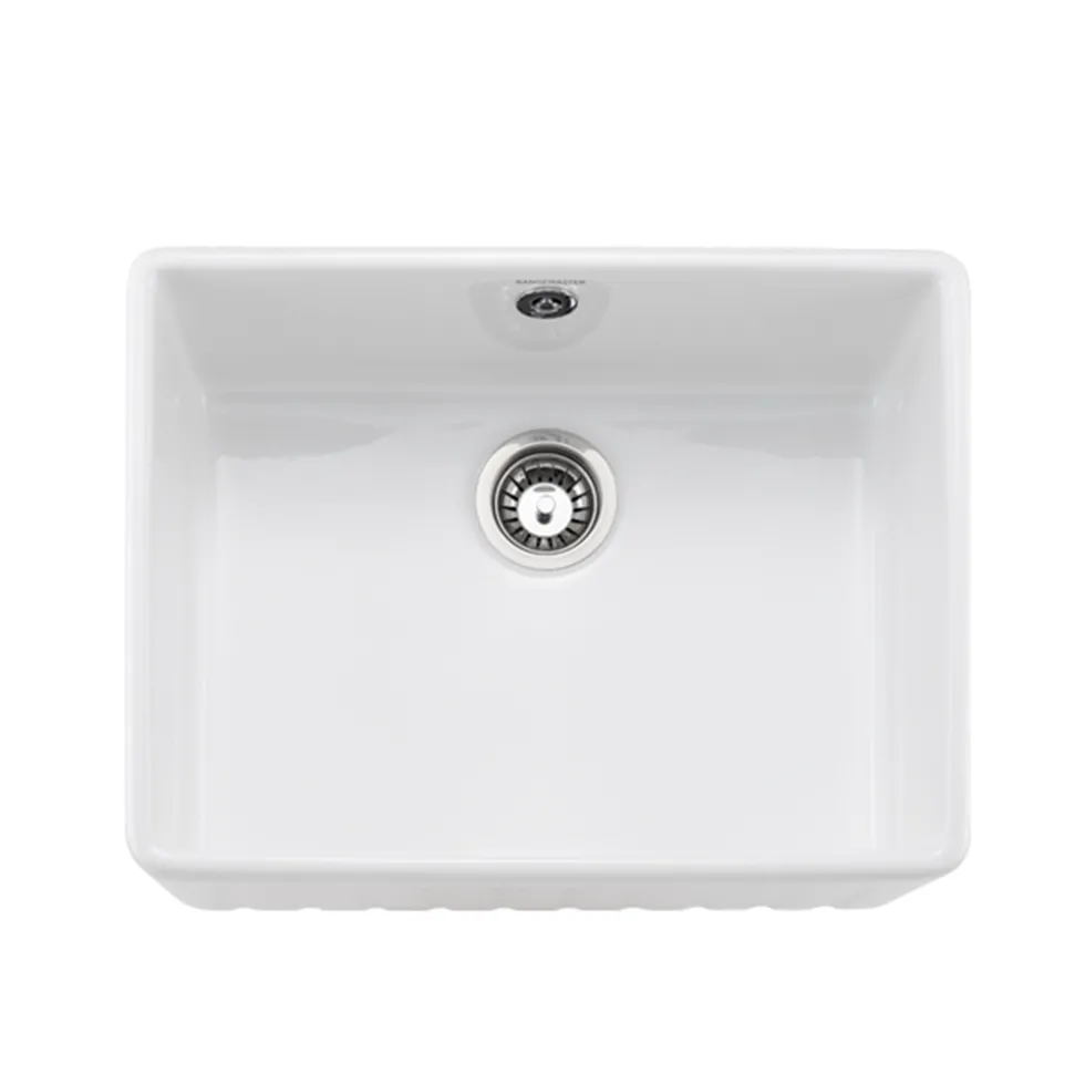 Rangemaster Harmony Fluted 1 Bowl White Fireclay Ceramic Sit On Belfast Sink & Waste Kit - 595 x 450mm