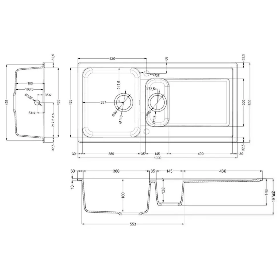 Rangemaster Loa 1.5 Bowl Igneous Granite Kitchen Sink with Reversible Drainer & Waste Kit - 1000 x 500mm