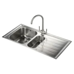 Rangemaster Manhattan 1.5 Bowl Brushed Stainless Steel Sink & Waste Kit with Right Hand Drainer - 1010 x 515mm