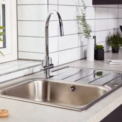 Rangemaster Michigan Compact Single Bowl Brushed Stainless Steel sink & Waste Kit with Reversible Drainer - 800 x 508mm