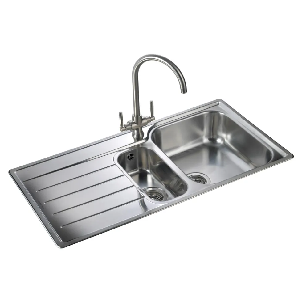 Rangemaster Oakland 1.5 Bowl Brushed Stainless Steel Sink & Waste Kit with Left Hand Drainer - 985 x 508mm
