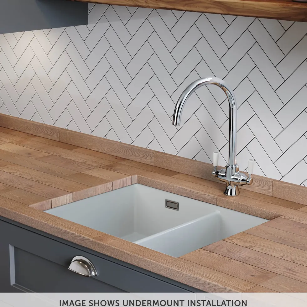 Rangemaster Rustique 1.5 Bowl Ceramic Undermount / Inset Kitchen Sink & Waste Kit - 595 x 460mm