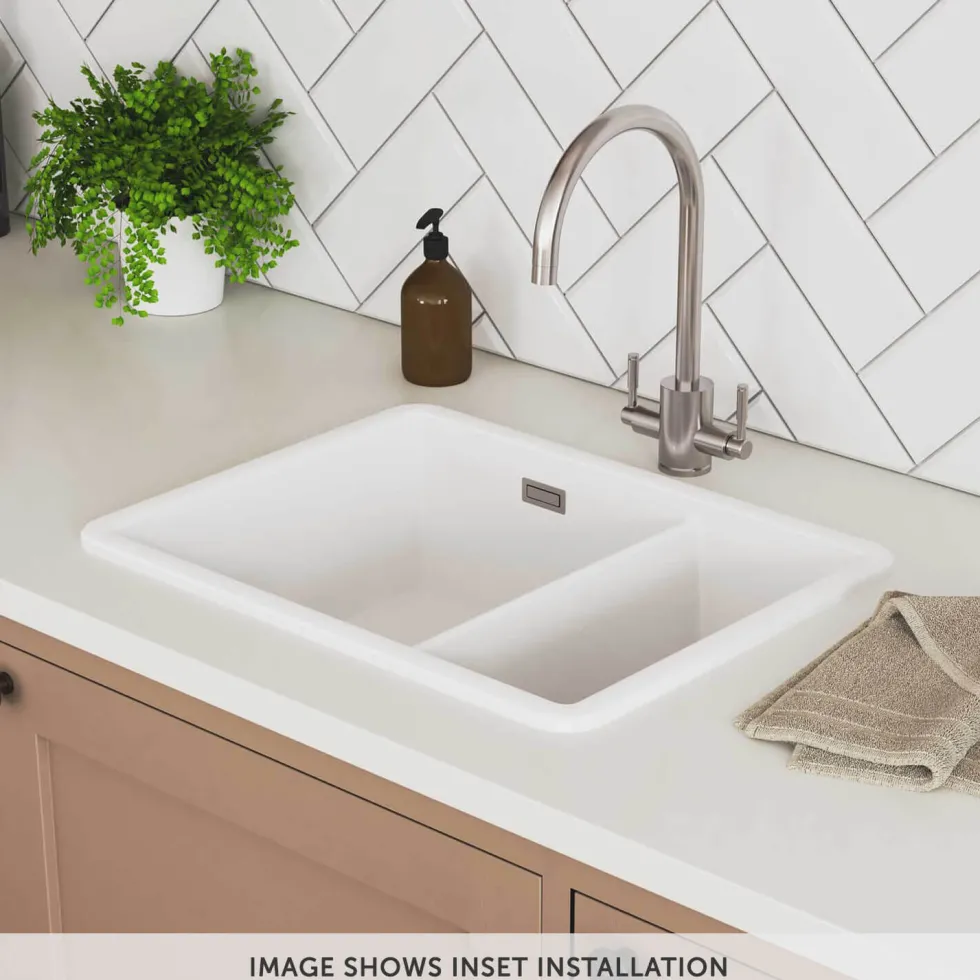 Rangemaster Rustique 1.5 Bowl Ceramic Undermount / Inset Kitchen Sink & Waste Kit - 595 x 460mm