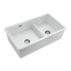 Rangemaster Rustique 2 Bowl Inset/Undermount Fireclay White Ceramic Kitchen Sink & Waste Kit - 796 x 462mm