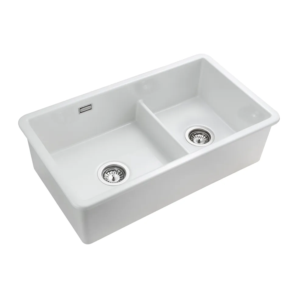 Rangemaster Rustique 2 Bowl Inset/Undermount Fireclay White Ceramic Kitchen Sink & Waste Kit - 796 x 462mm