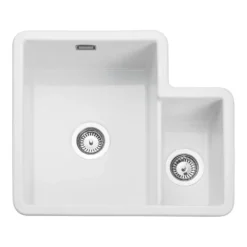 Rangemaster Rustique 1.3 Bowl White Ceramic Inset / Undermount Kitchen Sink & Waste Kit with Left Hand Main Bowl - 600 x 520mm