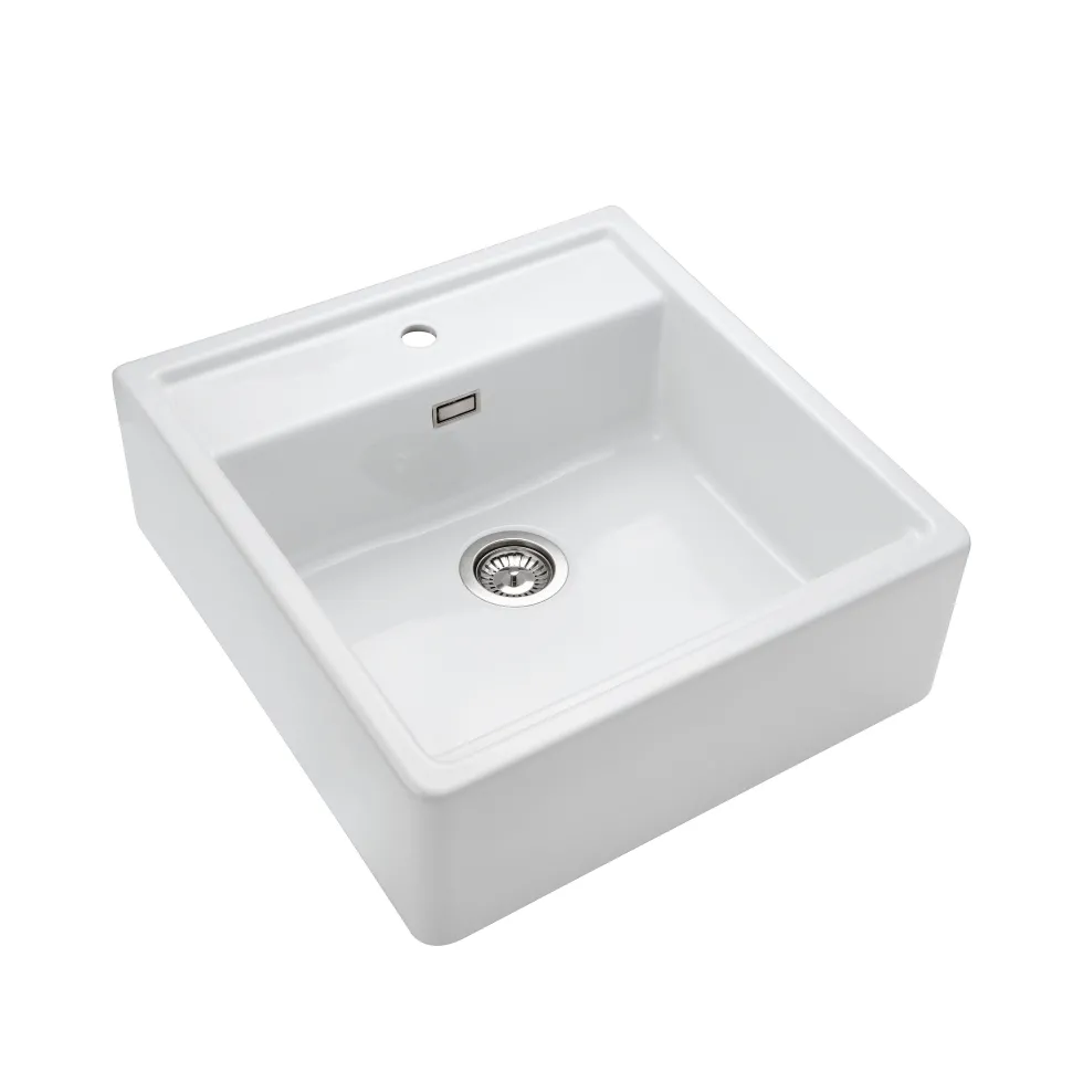 Rangemaster Sandwood 1 Bowl White Fireclay Ceramic Sit-On Belfast Sink With Tap Ledge & Waste Kit - 597 x 630mm