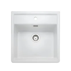 Rangemaster Sandwood 1 Bowl White Fireclay Ceramic Sit-On Belfast Sink With Tap Ledge & Waste Kit - 597 x 630mm