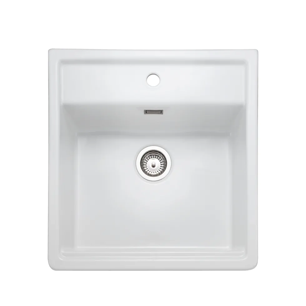 Rangemaster Sandwood 1 Bowl White Fireclay Ceramic Sit-On Belfast Sink With Tap Ledge & Waste Kit - 597 x 630mm