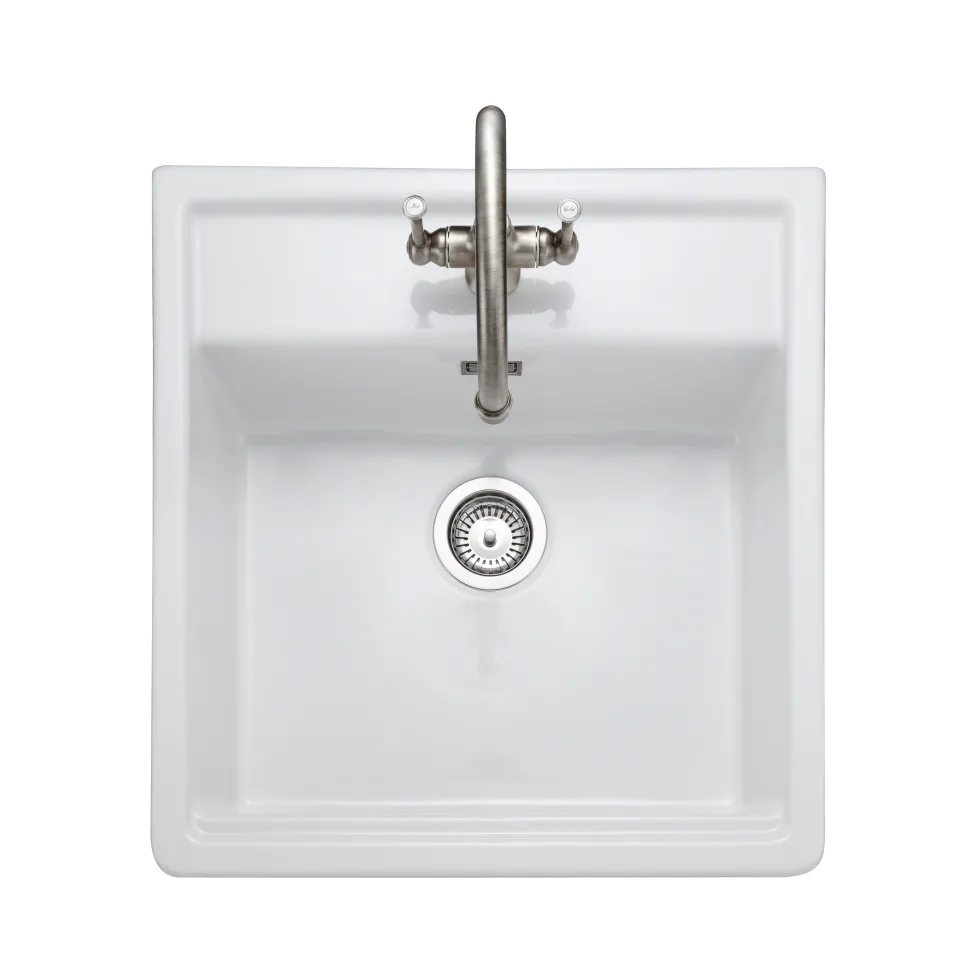 Rangemaster Sandwood 1 Bowl White Fireclay Ceramic Sit-On Belfast Sink With Tap Ledge & Waste Kit - 597 x 630mm