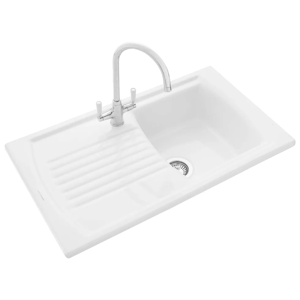Rangemaster Tenby Compact 1 Bowl Gloss White Fireclay Ceramic Kitchen Sink & Waste with Reversible Drainer - 850 x 500mm