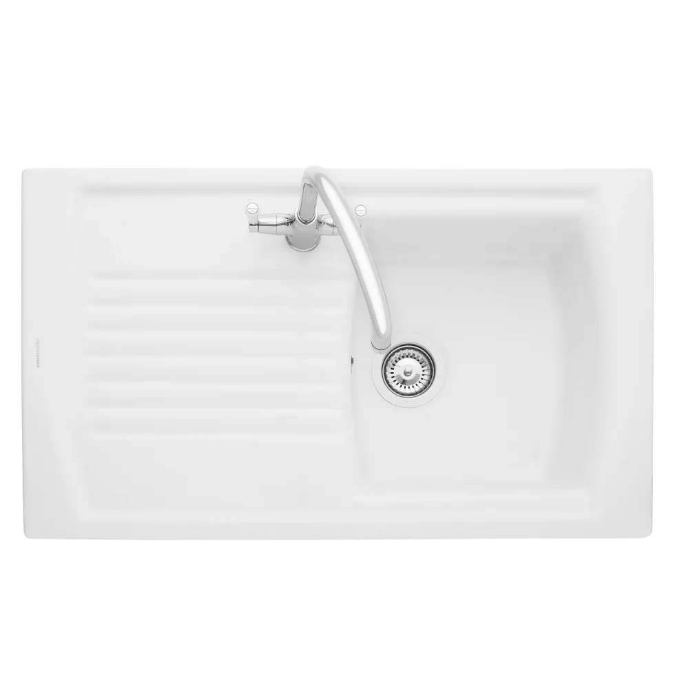 Rangemaster Tenby Compact 1 Bowl Gloss White Fireclay Ceramic Kitchen Sink & Waste with Reversible Drainer - 850 x 500mm