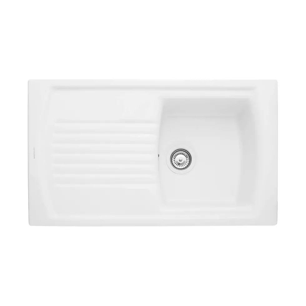 Rangemaster Tenby Compact 1 Bowl Gloss White Fireclay Ceramic Kitchen Sink & Waste with Reversible Drainer - 850 x 500mm