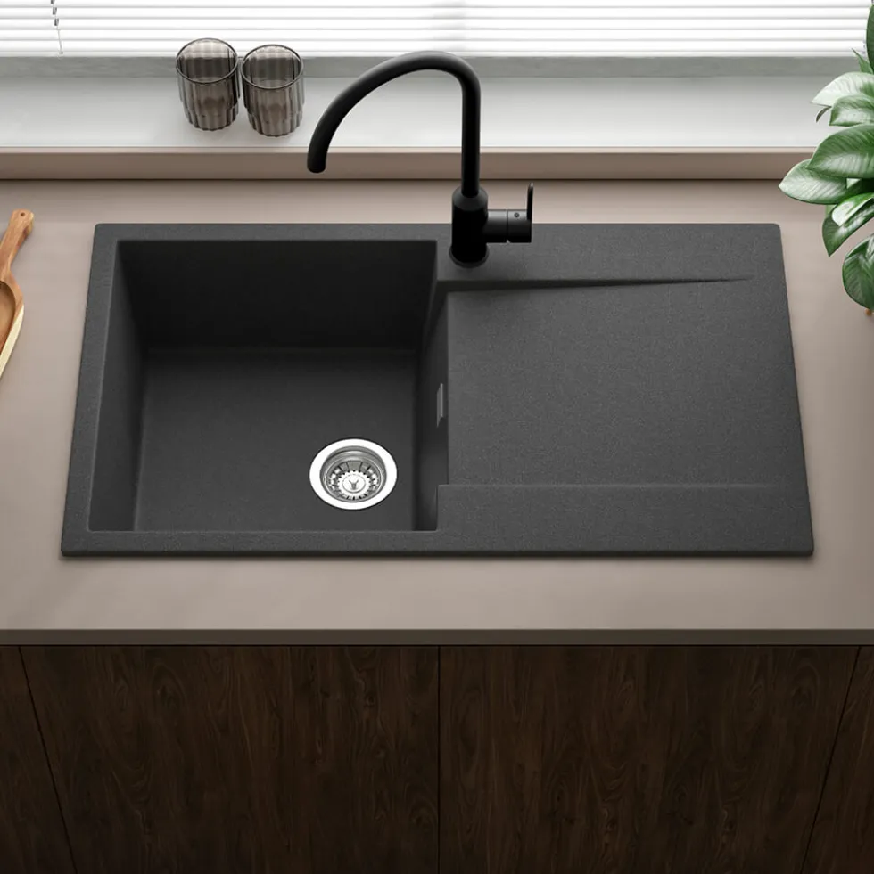Reginox Amsterdam Compact Single Bowl Granite Composite Kitchen sink & Waste Kit with Reversible Drainer - 860 x 500mm