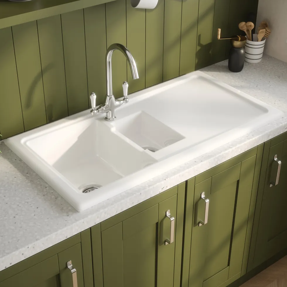 Reginox Contemporary 1.5 Bowl White Ceramic Kitchen Sink & Waste Kit with Reversible Drainer - 1000 x 500mm