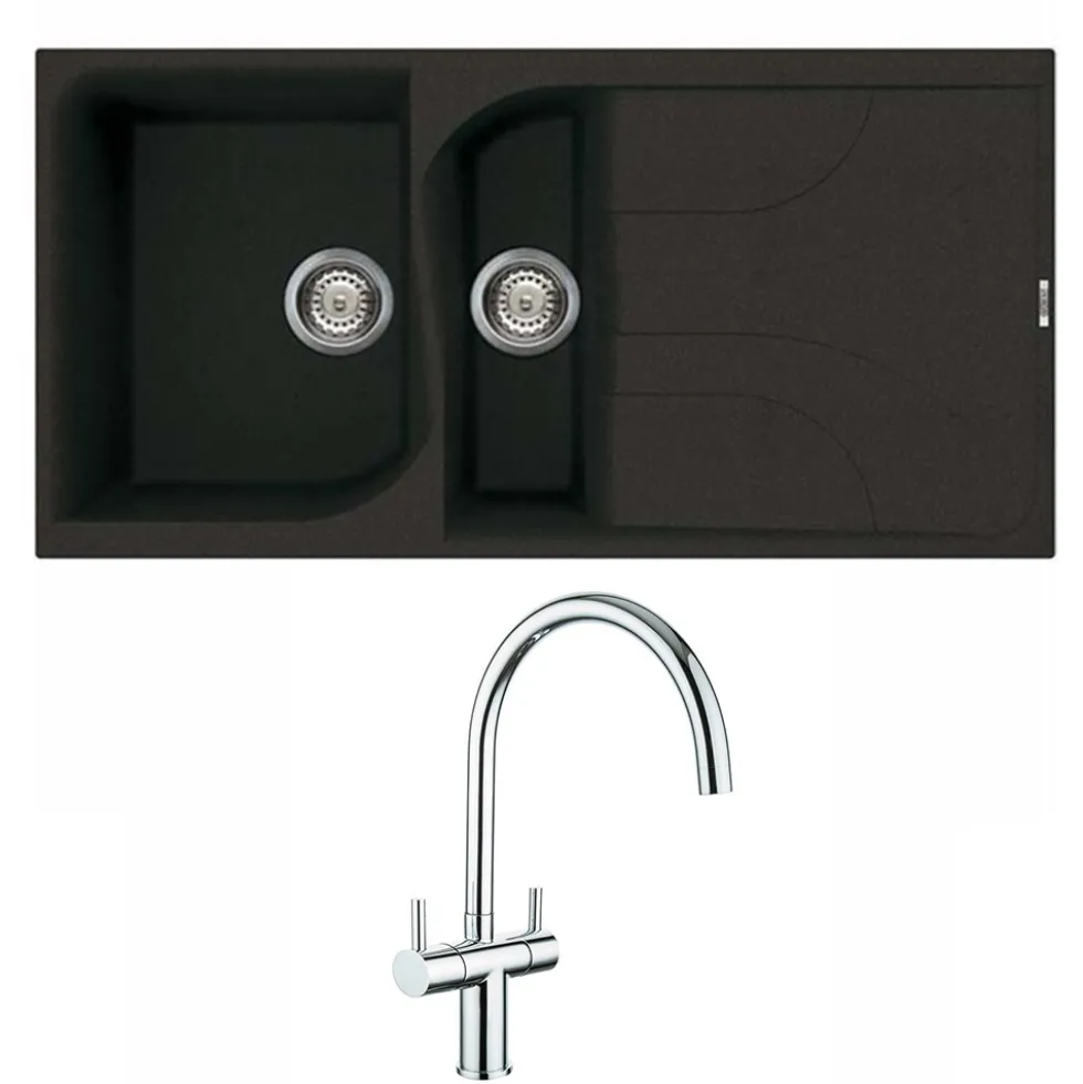 Reginox Ego Black Spek Granite 1.5 Bowl Kitchen Sink & Vellamo Caspian Dual Lever Mono Kitchen Mixer