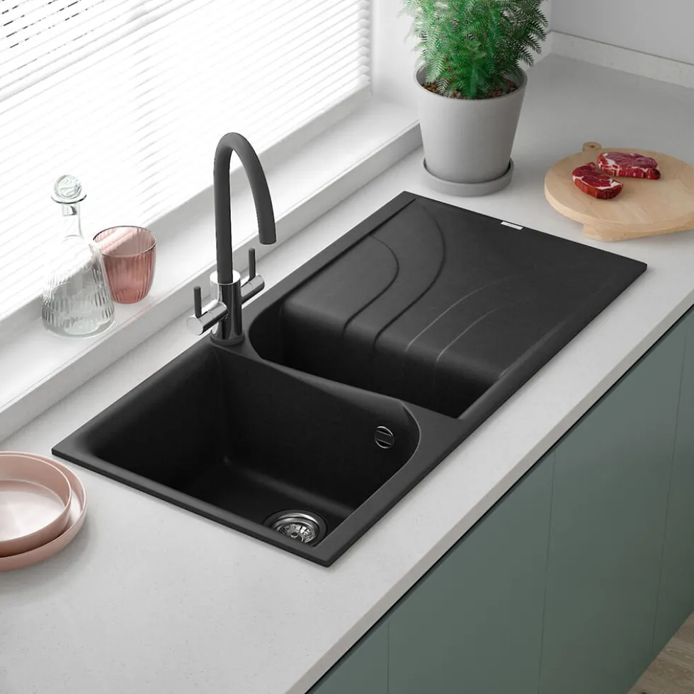 Reginox Ego Black Spek Granite 1.5 Bowl Kitchen Sink & Vellamo Caspian Dual Lever Mono Kitchen Mixer