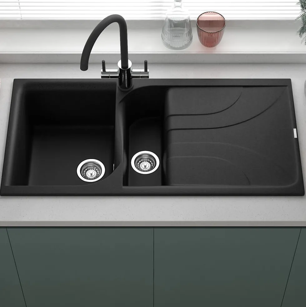 Reginox Ego Black Spek Granite 1.5 Bowl Kitchen Sink & Vellamo Caspian Dual Lever Mono Kitchen Mixer