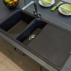 Reginox Ego Black Spek Granite 1.5 Bowl Kitchen Sink & Vellamo Caspian Dual Lever Mono Kitchen Mixer