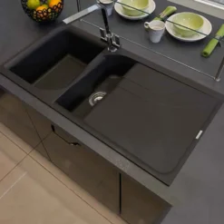 Reginox Ego 1.5 Bowl Black Spek Composite Kitchen Sink & Vellamo Revolve Monobloc Mixer Tap