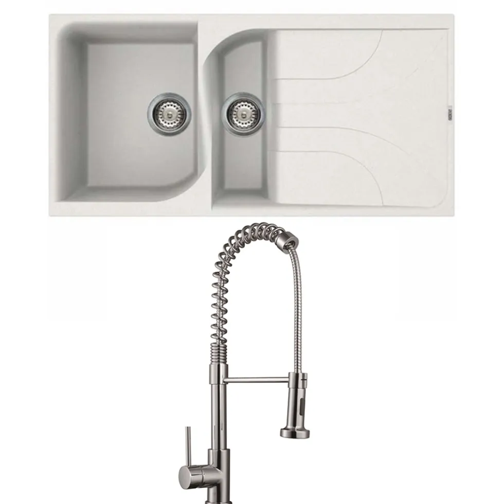 Reginox Ego White Granite Composite 1.5 Bowl Kitchen Sink & Vellamo FlexiSpray Kitchen Mixer