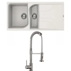 Reginox Ego White Granite Composite 1.5 Bowl Kitchen Sink & Vellamo FlexiSpray Kitchen Mixer