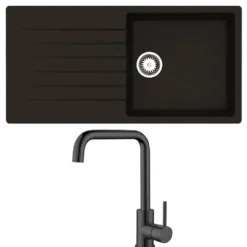 Reginox Harlem 1 Bowl Black Silvery Granite Composite Sink & Waste Kit and Vellamo Koro Black Mono Kitchen Mixer