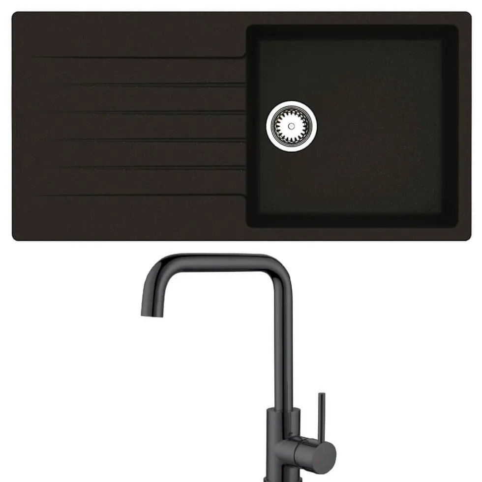 Reginox Harlem 1 Bowl Black Silvery Granite Composite Sink & Waste Kit and Vellamo Koro Black Mono Kitchen Mixer