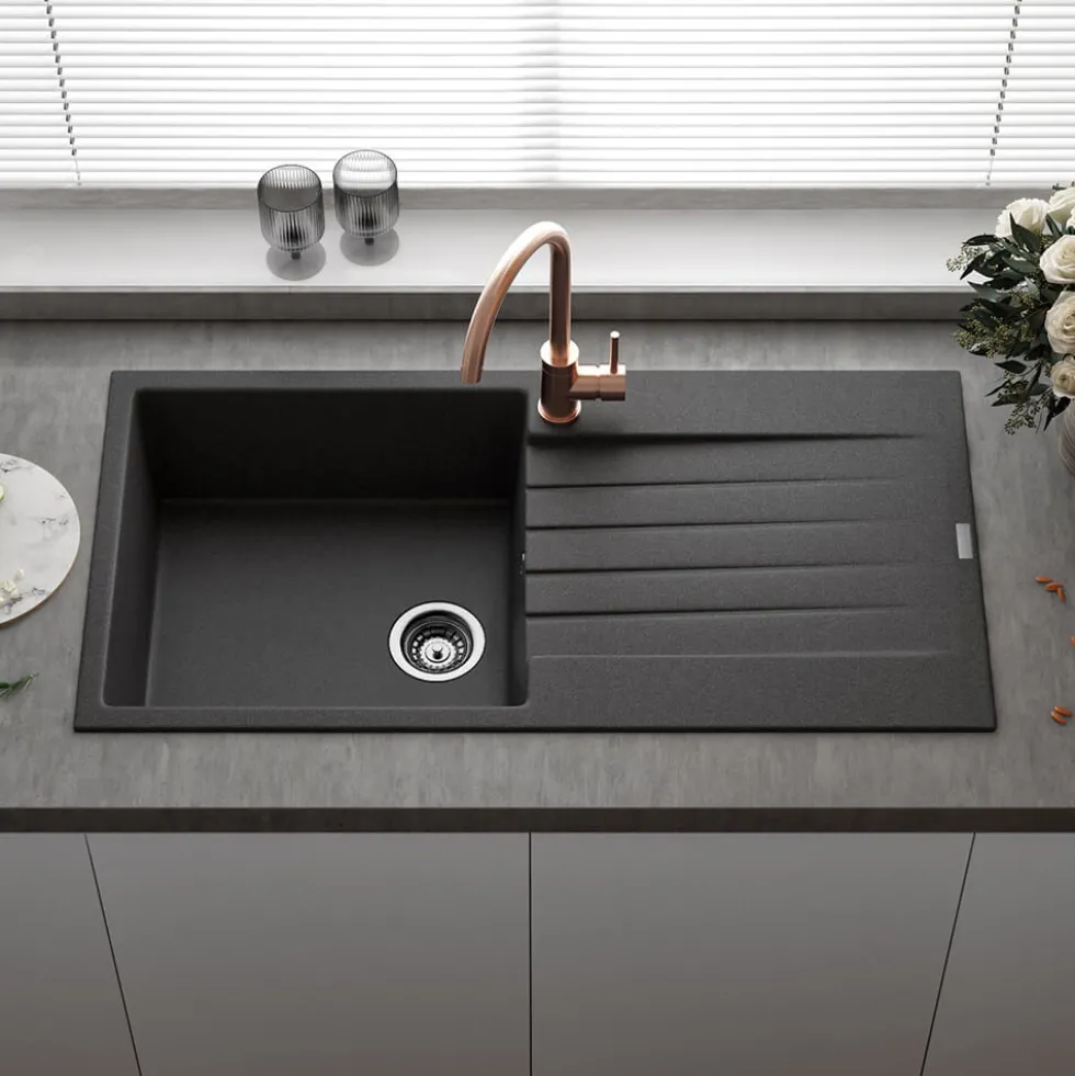 Reginox Harlem 1 Bowl Black Silvery Granite Composite Sink & Waste Kit and Vellamo Koro Black Mono Kitchen Mixer