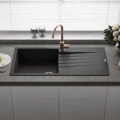 Reginox Harlem 1 Bowl Black Silvery Granite Composite Sink & Waste Kit and Vellamo Koro Black Mono Kitchen Mixer