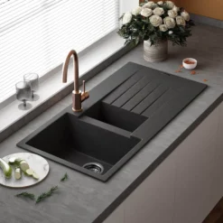 Reginox Harlem 1.5 Bowl Black Silvery Granite Composite Sink & Waste Kit and Vellamo Koro Black Mono Kitchen Mixer